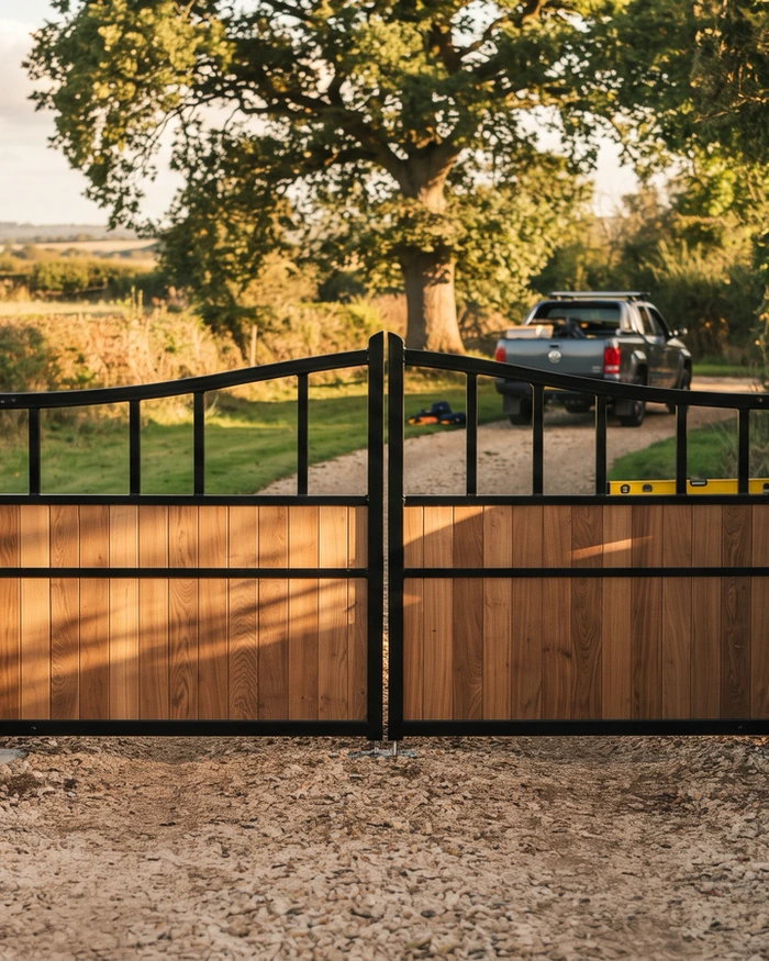 A new cedar privacy fence with a level top line along a back yard
