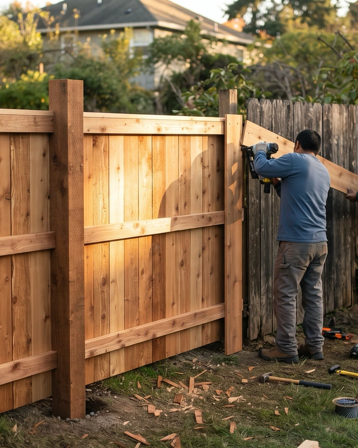 A white picket fence along a front walk with a matching gate