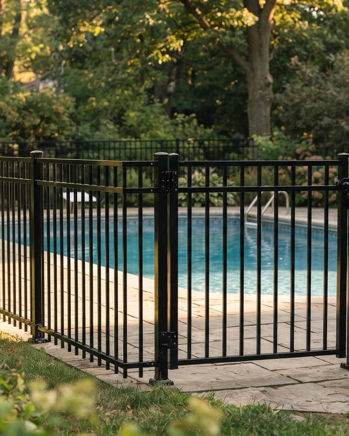 A wide wooden double drive gate hung on heavy posts
