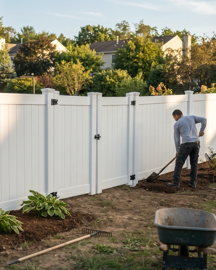 A black chain link fence along a side yard with a walk gate